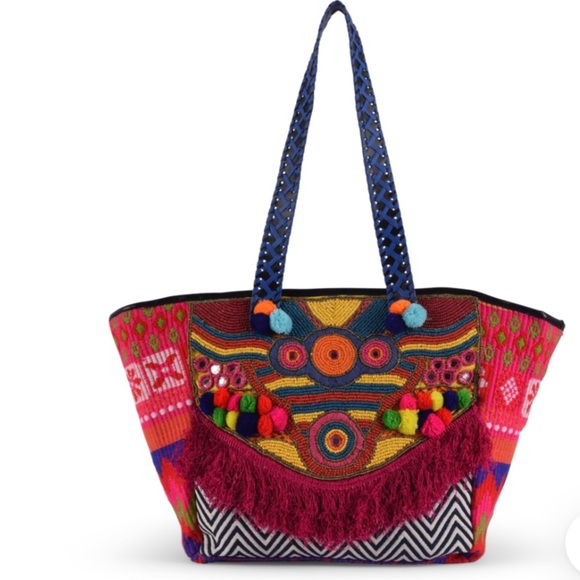 NEW GUADALUPE DESIGN naina emebellished tote bag in hot pink / multi - Picture 2 of 2